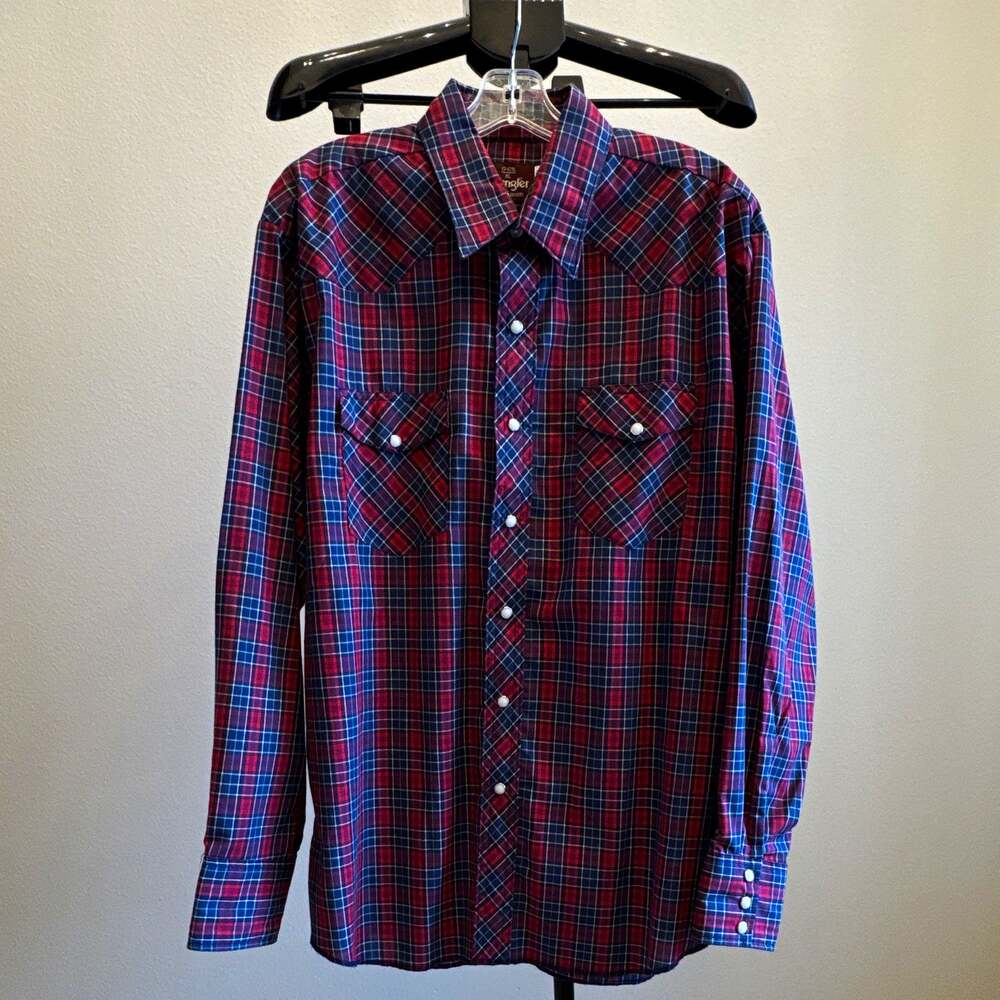 Wrangler Men’s Western Button Up Long Sleeve Plaid Red Blue Pockets Size XL